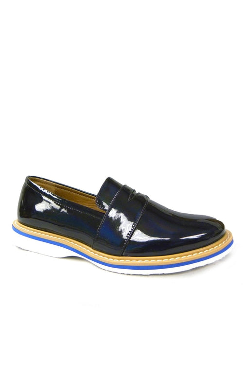 Black patent leather loafer with blue sole on white background