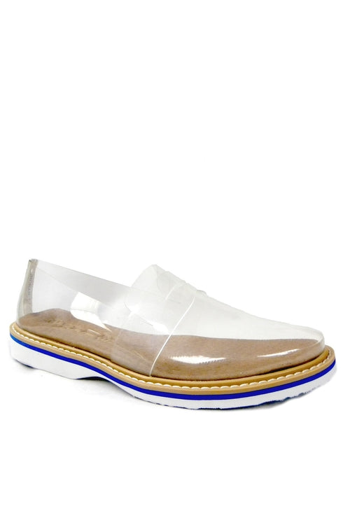 Clear sandal shoe with beige sole on white background